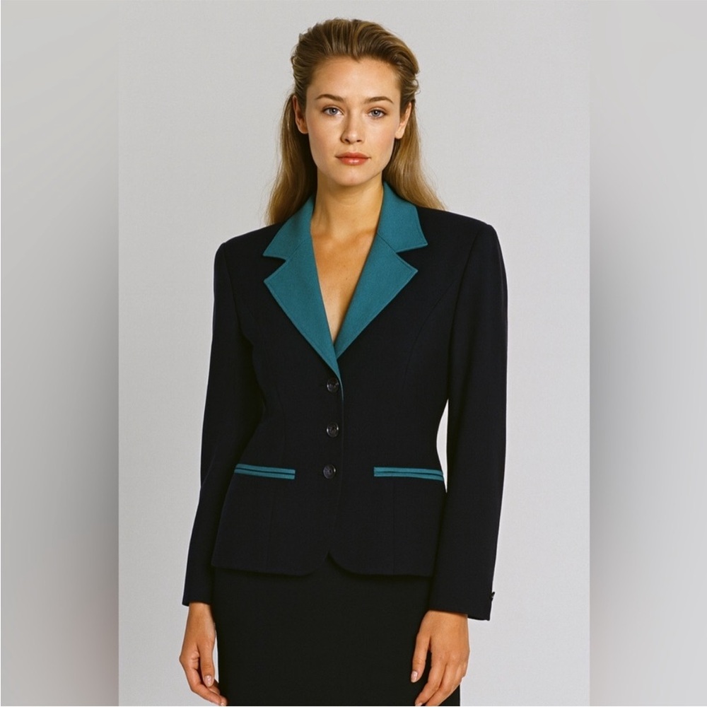 Vintage 70s Pendleton Wool Blazer Navy Teal Trim Contrast Lapel Academia Sz M - Picture 8 of 12